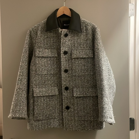NWOT Madewell Faux Leather Collar Pocket Herringbone Field Jacket Gray Size XXS - Picture 2 of 6
